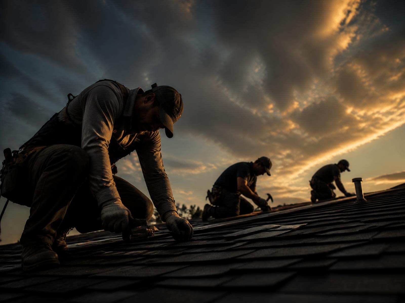 Roofing crew installing shingles at sunset on an American home