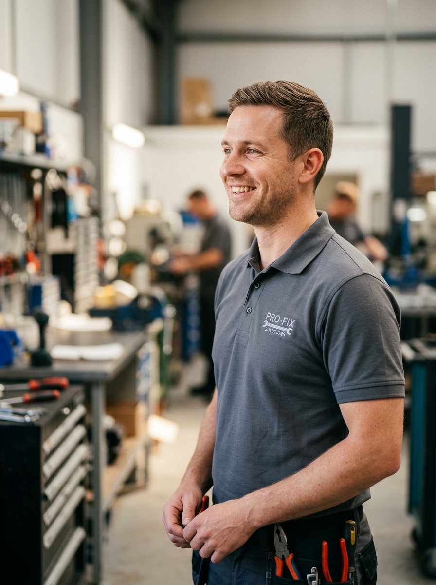 Smiling contractor technician looking left directly at the headline copy